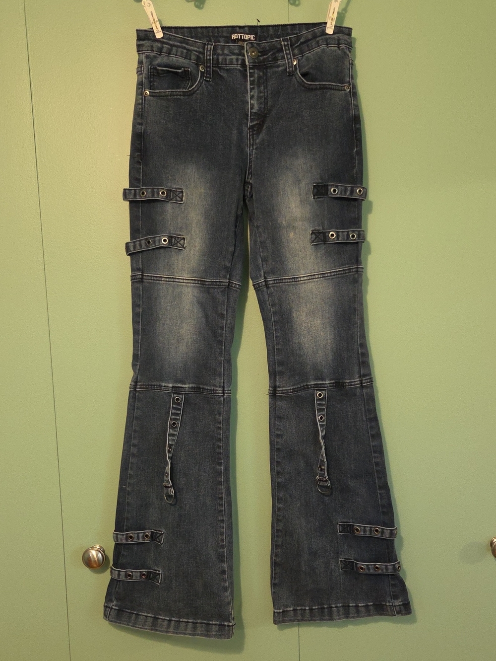 Hot Topic Women's Dark Blue Wash Flared Cargo Jeans with Straps Size 9